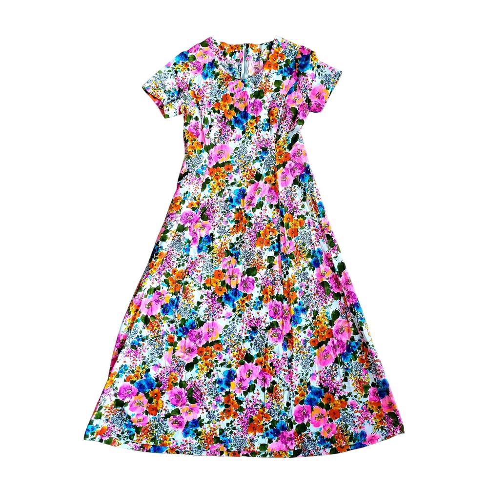 Vintage 70's Florescent Floral Maxi Dress Sz M